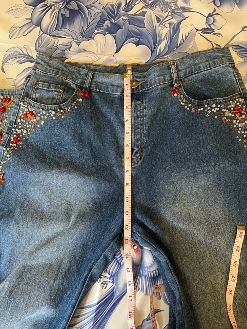 DG2 Diane Gilman Blue Wide-Leg Jeans with Red Floral Pearls & Crystals - Picture 15 of 16